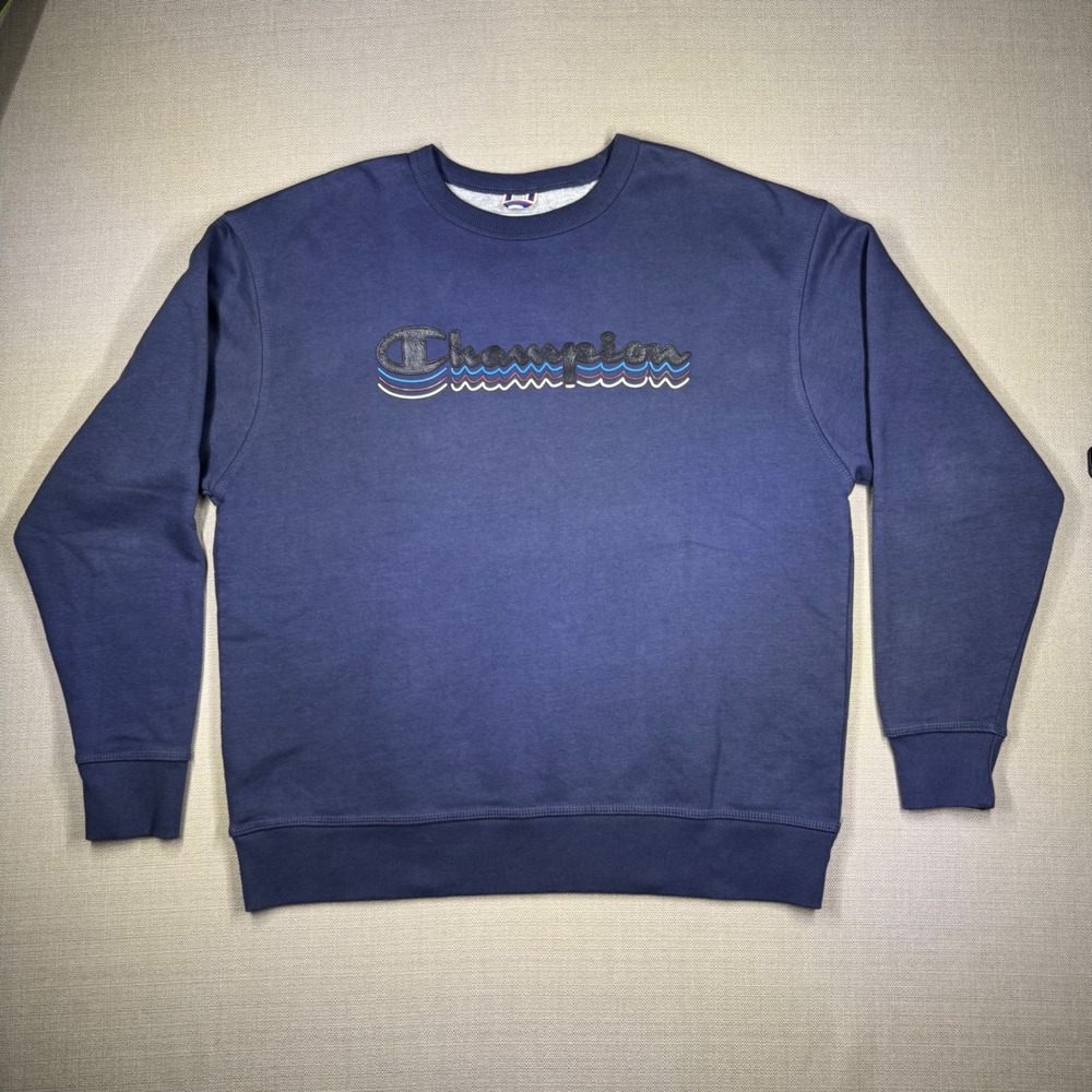 Champion Mens Powerblend Blue Wavy Gel Script Logo Crewneck Sweatshirt XL